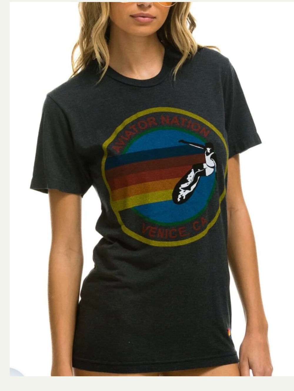 Aviator Nation Signature Austin TX Black Vintage Surf Logo Tee Large